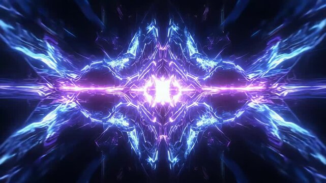 Abstract digital portal showcasing electric blue and purple neon light bursting with energy, creating symmetrical organic patterns on a dark background