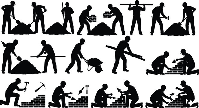 Construction worker silhouettes set with masonry bricklayers, laborers shoveling sand, pushing wheelbarrow, builders carrying wood planks, and industrial handyman icons, vector