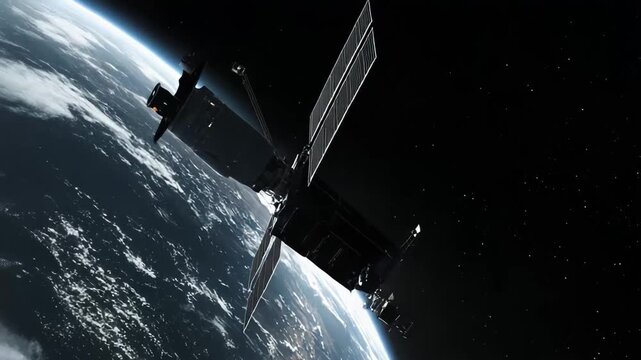 Modern spacecraft orbiting earth with expansive solar arrays, transmitting data and enabling global communication, powering future space missions and advanced connectivity in orbit
