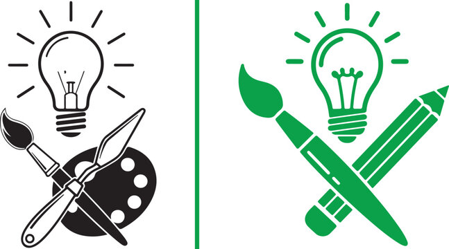 Creative art icons featuring lightbulbs, paintbrushes, palette, and pencil. Representing artistic inspiration, design process, and creative thinking