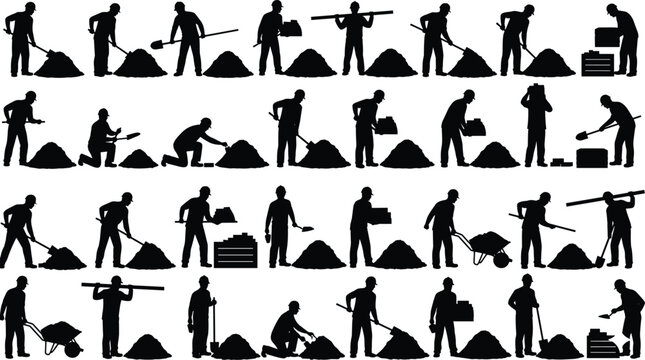Construction worker silhouettes set with masonry bricklayers, laborers shoveling sand, pushing wheelbarrows, builders carrying wooden planks, and manual handyman icons, vector