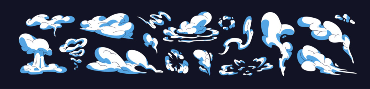 Set of white clouds of smoke with different shapes. Abstract silhouettes of fume and smog in the air. Flying vapor, trace of bomb explosion, flow of scent. Flat isolated vector illustrations