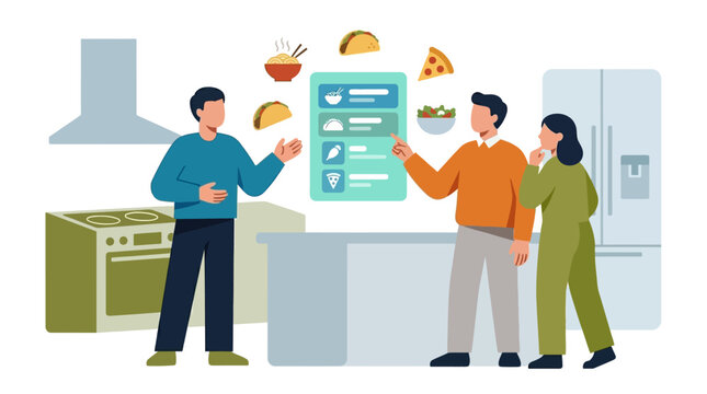Bright futuristic remote work team ordering lunch via digital screen in modern kitchen vector.