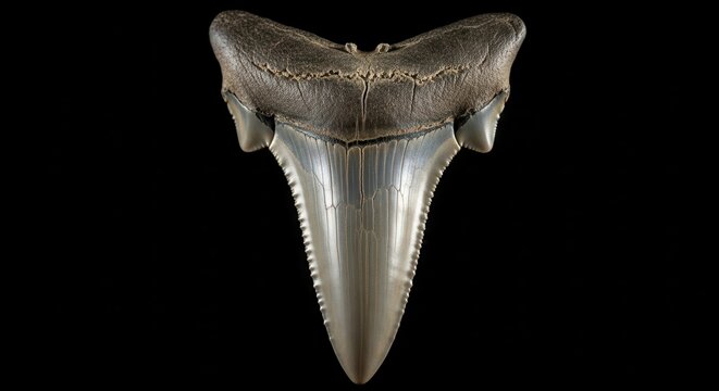 Fossilized Prehistoric Megalodon Shark Tooth Isolated on Black Background - Ancient Marine