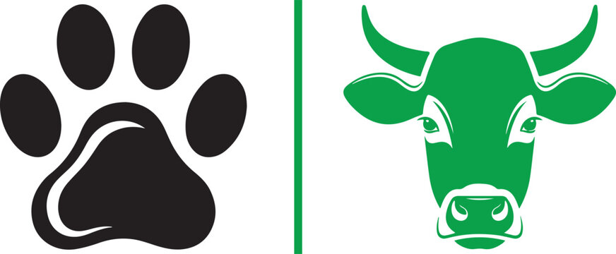 Paw print and cow head vector icons. Representing animal care, veterinary services, and livestock management for pet industry and farming themes