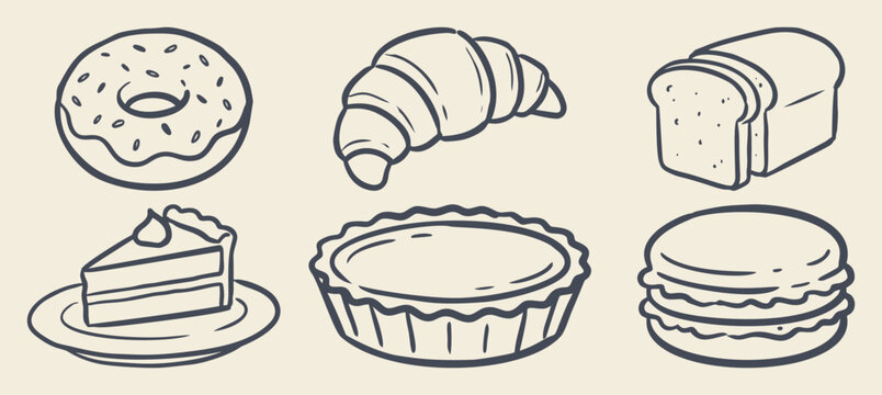 Hand drawn bakery and pastry line art icons set with sweet food doodles collection containing vector illustration of delicious donut, croissant, bread loaf, cake slice, tart pie and macaron.