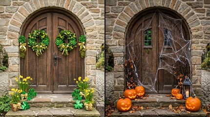 Naklejka premium Festive Seasonal Door Decorations Comparing St. Patrick's Day and Halloween