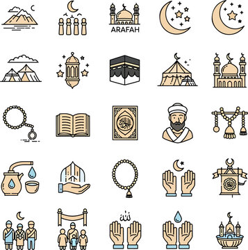 Islamic cultural symbols and religious icons, Ramadan and Eid festival elements, mosques, holy Quran, prayer beads, and crescent moon