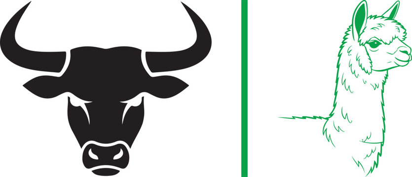 Bull and llama head vector icons. Representing a contrast between strength and gentleness, ideal for livestock branding or financial market metaphors