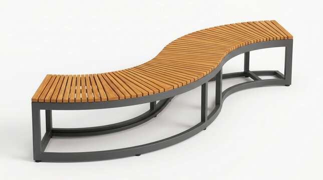 S-shaped curved outdoor bench made of slatted natural wood planks and dark grey generated using ai