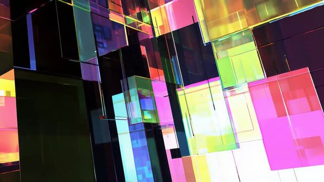 Abstract artwork featuring colorful translucent rectangular glass cubes and panels creating dynamic overlap and reflecting vibrant light, forming a modern geometric background
