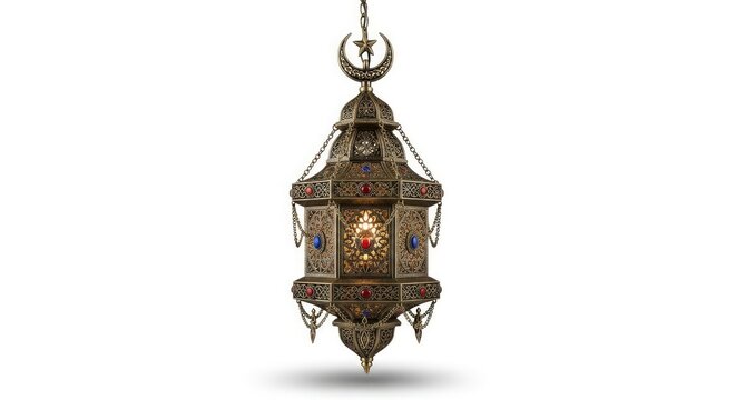 A detailed, ornate Moroccan lantern hangs suspended against a plain white background. The lantern features a complex, geometric metalwork design in gold and bronze tones.