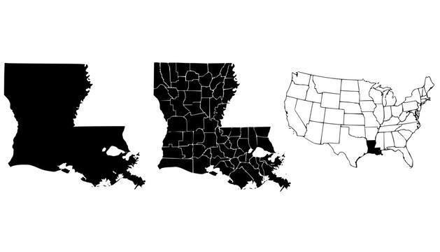 Louisiana Map Vector Bundle: Solid State Silhouette, Parish Boundaries & USA Location Highlight
