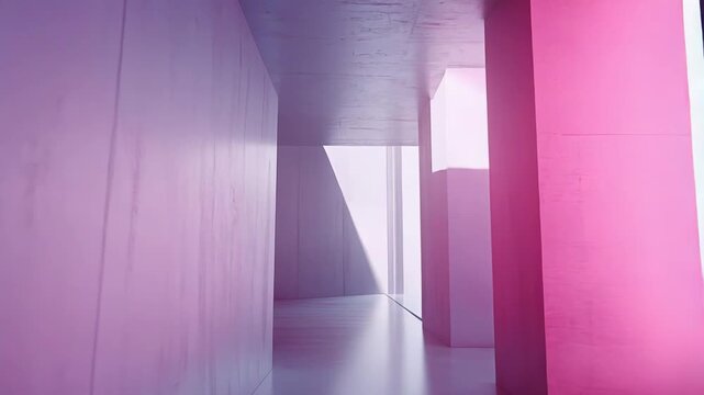 Abstract architectural hallway featuring a repeating pattern of concrete walls and columns, illuminated by striking pink and purple gradient light creating a sense of depth and modern design