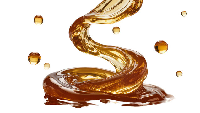 Golden viscous liquid splashing and forming droplets, isolated on transparent background