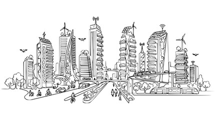 Naklejka premium Futuristic Eco City Skyline Sketch: Sustainable Urban Development, Green Energy, Modern Architecture