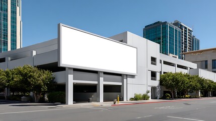 Obraz premium Modern multi-story commercial building with large blank billboard and surrounding urban environment