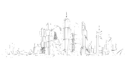 Fototapeta premium Sketchy Cityscape Drawing: Modern Buildings, Skyline Silhouette, Urban Landscape Art