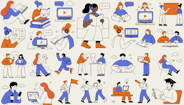 People studying and attending online classes through various digital learning devices.
