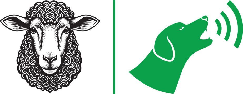 Sheep head illustration and green barking dog silhouette. Representing livestock protection, farm security, and animal communication concepts
