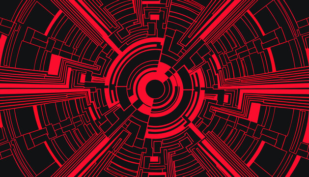 Abstract circular technology background with red circuit lines and geometric digital shapes.