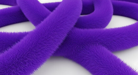 Abstract 3D Visualization of Intertwined Purple Furry Tubes with Soft Tactile Texture and Hairy Surface on a Clean White Background Macro Render for Modern Design