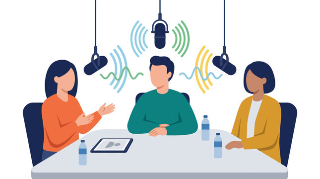 Diverse team recording a podcast in a vibrant futuristic office with hanging microphones illustration.
