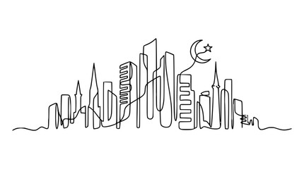Obraz premium Continuous Line Drawing of Islamic City Skyline with Crescent Moon and Star