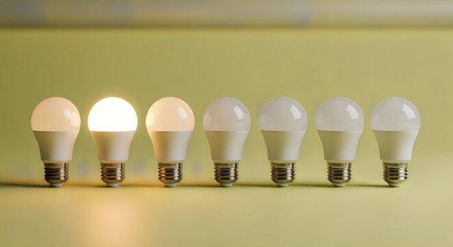 Led bulbs in a row one illuminated energy efficiency concept