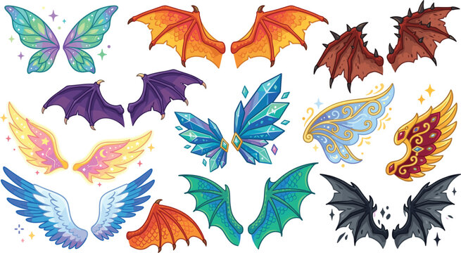 Fantasy wings collection featuring butterfly dragon angel and bat designs isolated magical vector illustration set artwork