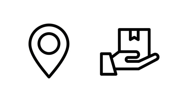 Location pin and hand holding package icons with location destination navigation delivery shipping logistics transport commerce shopping recipient fulfillment customer