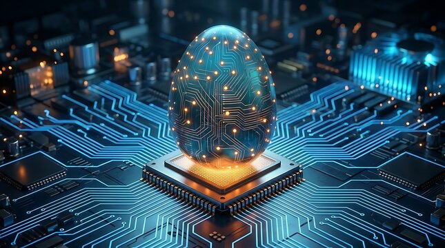 Telur Digital Futuristik Berteknologi Tinggi dengan Sirkuit Neon di Atas Papan Sirkuit Komputer