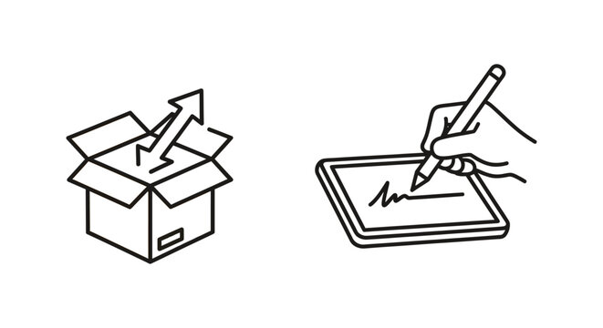 Delivery box and signature capture icon with e commerce delivery shipping transport logistics signature authentication confirmation agreement document electronic shopping e-commerce