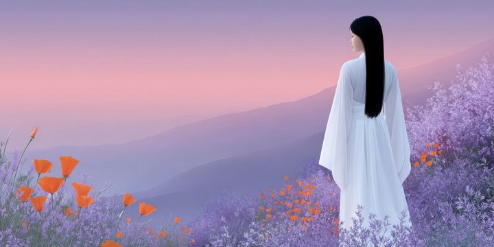a beautiful woman with long black hair wearing white robes is walking through orange and purple wildflowers at sunset, blur mountain on background