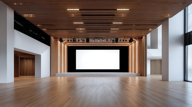 Modern auditorium or theater with large blank screen and wooden ceiling design