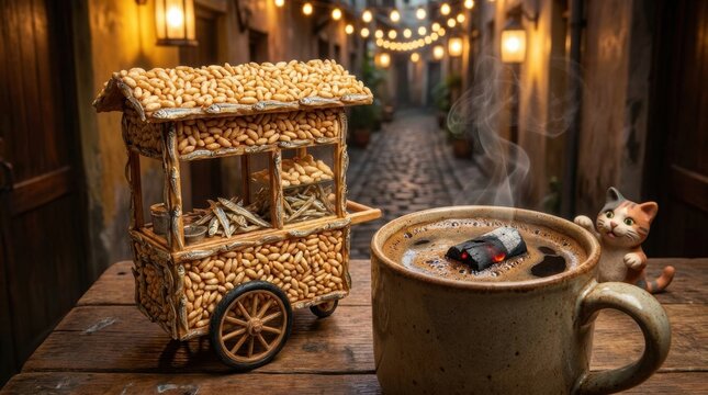 Miniature Javanese Angkringan cart made of puffed rice and dried fish beside a cup of steaming Kopi Joss charcoal coffee and a small cat figurine on a rustic wooden table.