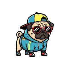Obraz premium Cool pug dog with sunglasses and hoodie, cartoon illustration