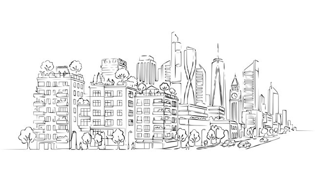 Modern Cityscape Sketch: Diverse Buildings and Urban Skyline in Line Art