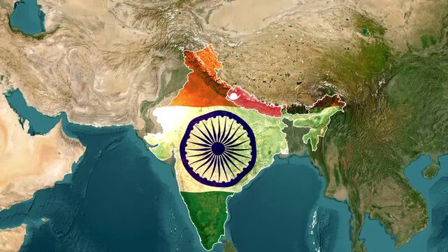Animated Map of India and Nepal Highlighted With National Flags on Satellite View