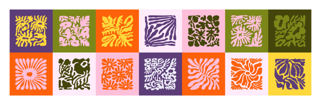 Set of abstract floral patterns in frames. Matisse art collage. Groovy silhouettes of flowers and blooming plants with curved leaves. Modern interior decoration, home decor. Flat vector illustration