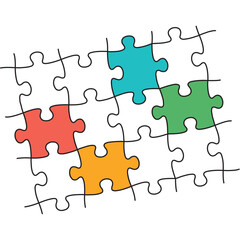 Fototapeta premium Colorful puzzle pieces connecting together to represent teamwork, collaboration, problem solving, gaming networks, shared ideas, unity, and strong connections