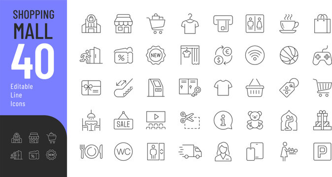 Shopping Mall Line Editable Icons set. Vector illustration in a modern thin line style of public navigation related icons: fitting rooms, food court, emergency exit, and more. Isolated on transparent 