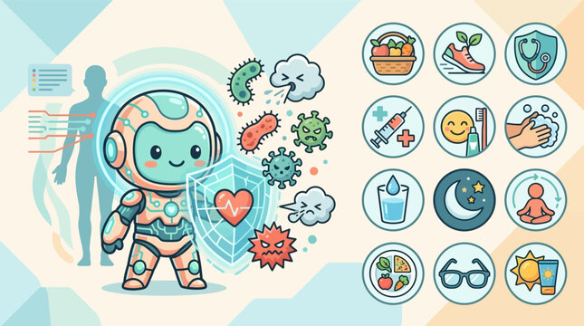 Cute chibi robot holding a heart shield to block virus and germ characters, featuring a collection of twelve healthcare and healthy lifestyle habit icons in a flat vector style.