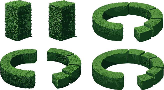 Green Topiary Hedge Shapes Set Featuring Rectangular Circular and C-Shaped Garden Bushes in Isometric Style