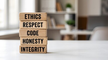 Five wooden blocks stacked vertically with the words ethics, respect, code, honesty, integrity