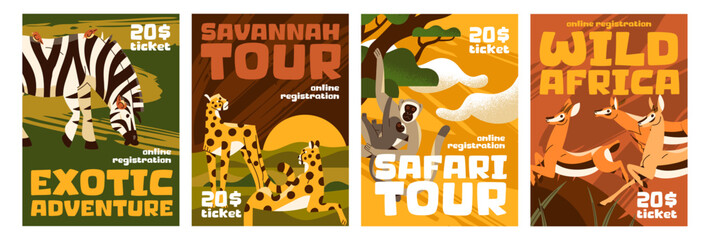 Naklejka premium Advertising posters of Safari tours set. Designs of promotions of travels to Africa. Templates with wild African animals, savanna landscapes. Trips to savannah for tourists. Flat vector illustrations
