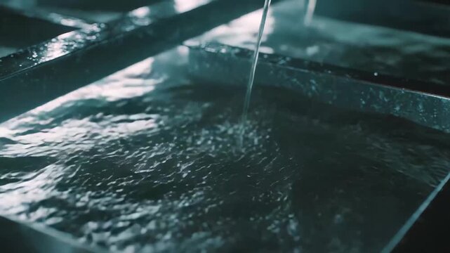 Water continuously pouring into a deep metal industrial tank, creating dynamic ripples and a reflective liquid surface in a dark, clean processing environment