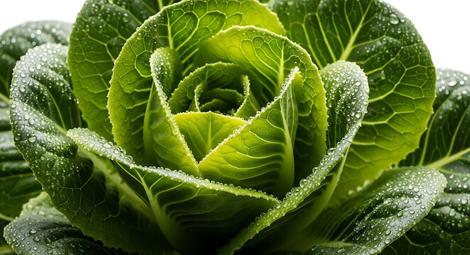 Hyperrealistic macro portrait of fresh green cabbage leaves with glistening water droplets showcasing vibrant organic texture and healthy farmtotable freshness