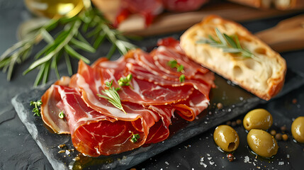 Obraz premium Jamon iberico with bread and olives rest with fresh bread and olives beside it, elegant Spanish ham food photography.