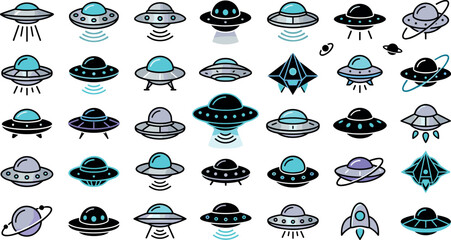 UFO and Spaceship Icon Vector Set with Diverse Designs, Colors, and Styles for Sci-Fi, Space Exploration, and Alien Theme Projects © DabashChandra